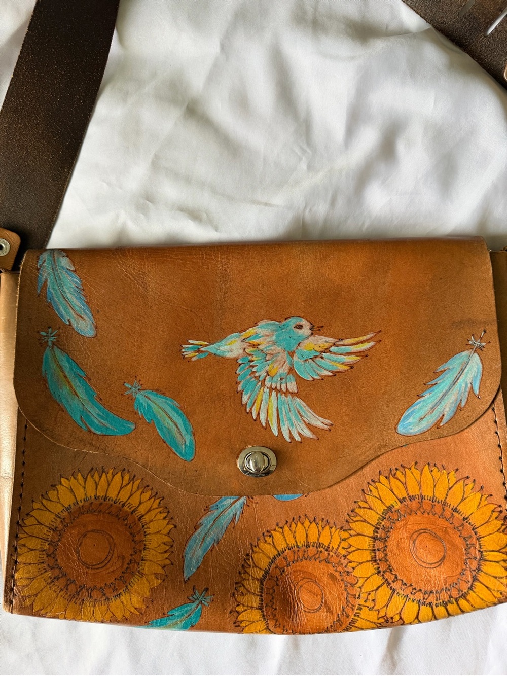 Moxie and Oliver Leather Crossbody Bag with Turquoise Bird & Sunflowers - Picture 3 of 16